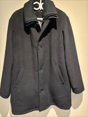 Calvin Klein Black Men's Wool-Blend Pea Coat with Ribbed Collar - Zippered